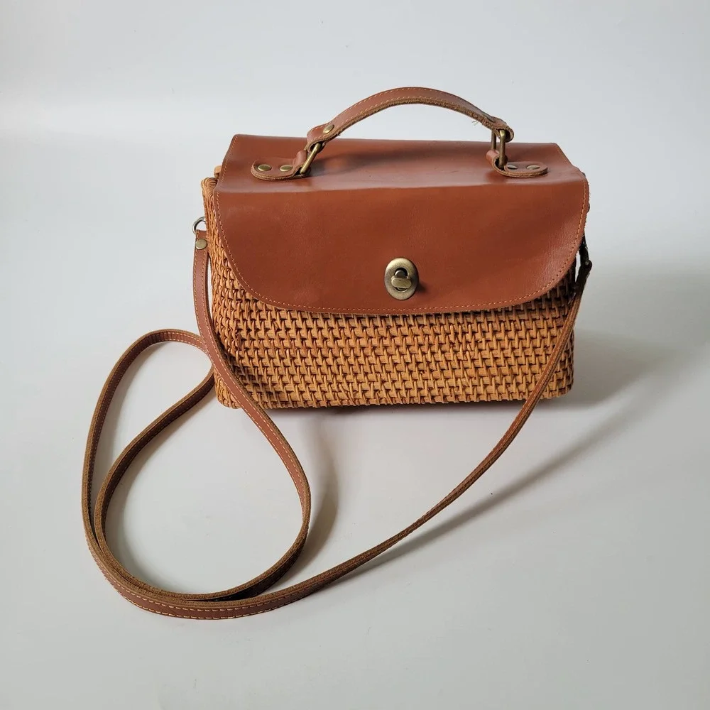 Structured Rattan Genuine Leather Saddle Satchel Crossbody Toffee Brown Cottage
